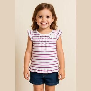 OshKosh b'Gosh Girls Top Size 6 Purple White Stripe Ruffle Flutter‎ NEW